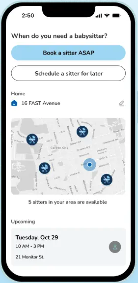 FAST start request screen showing available sitters as stroller icons on the map